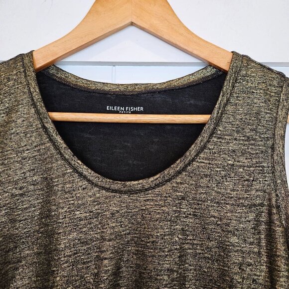 EILEEN Fisher Gold Knit Metallic Party Top Asymmetric Small Mob Wife - Picture 4 of 8